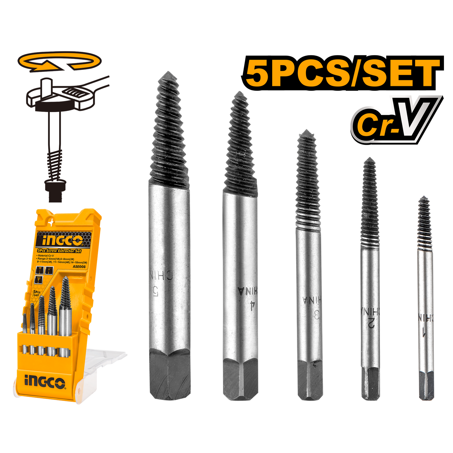 INGCO -  5 Pcs screw extractor set  ASE008