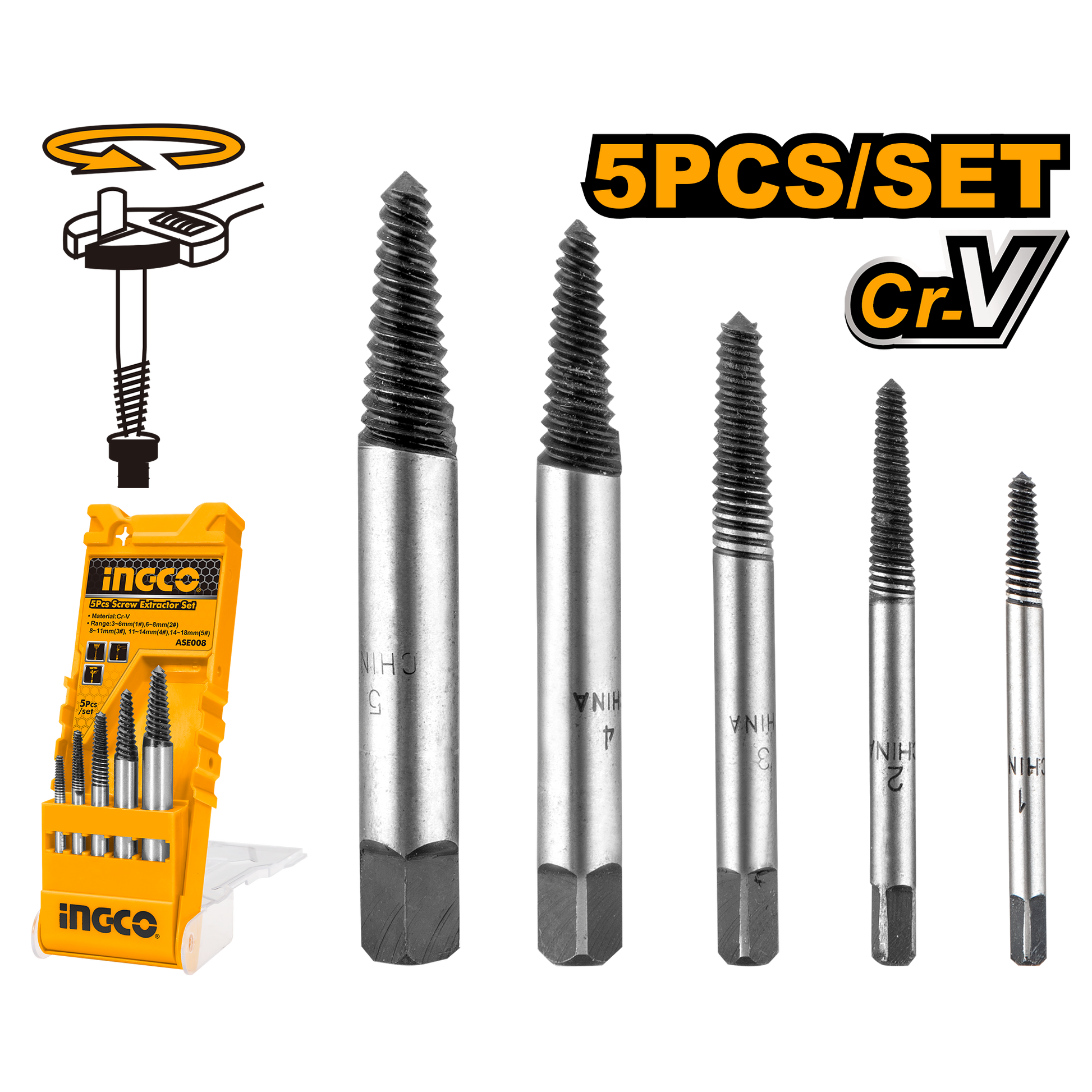 INGCO -  5 Pcs screw extractor set  ASE008