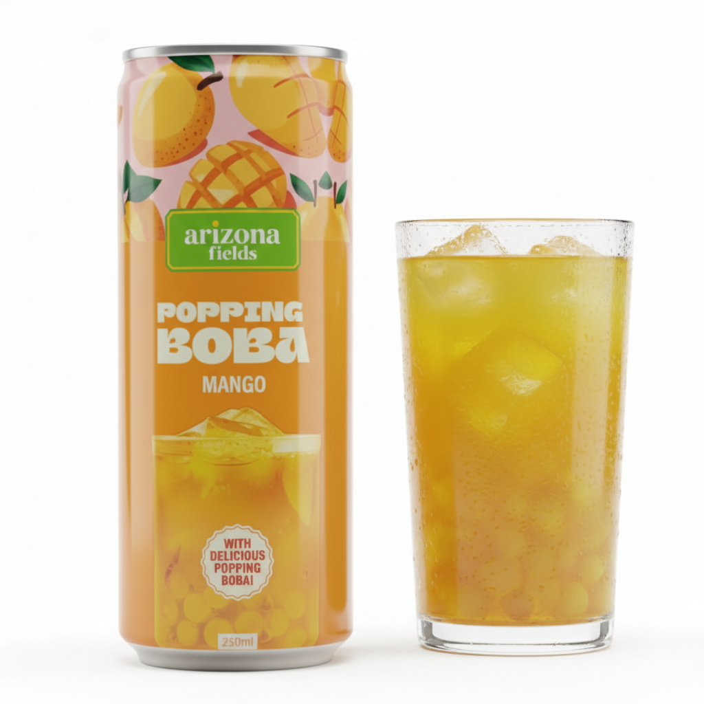 Arizona Fields Popping Boba Mango drink can and glass on a white background