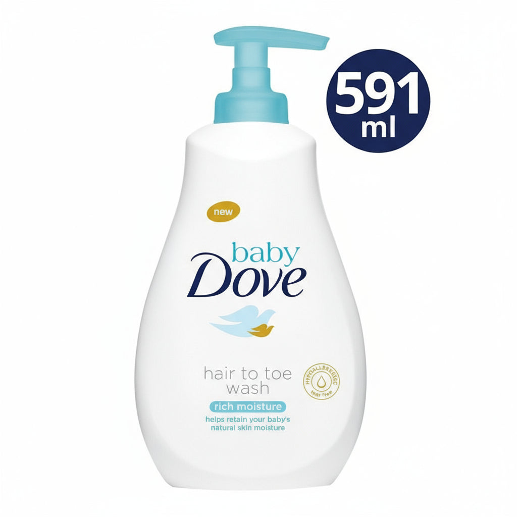 Baby Dove hair to toe wash bottle with pump on a white background