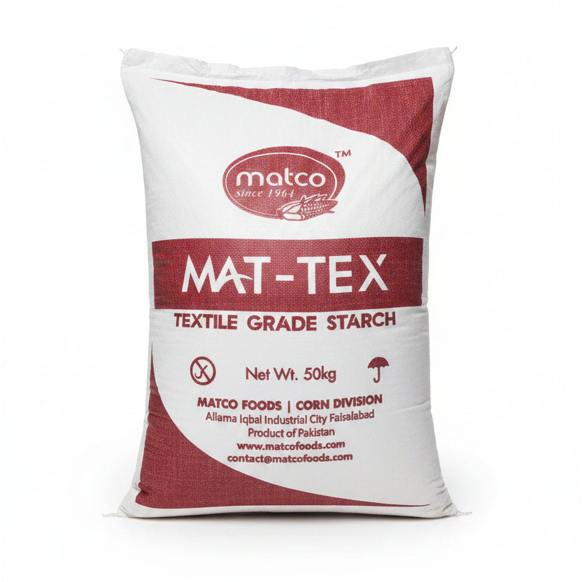 Bag of Matco Mat-Tex Textile Grade Starch with branding and product details.