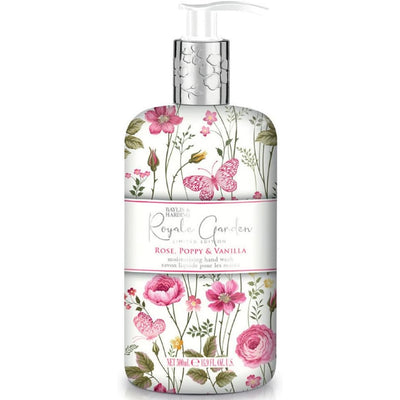 Hand wash bottle with floral design and 'Royal Garden' branding on a white background