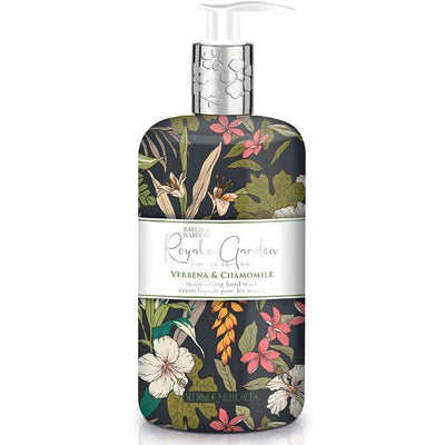 Bottle with floral design and ' Royale Garden' branding on a white background