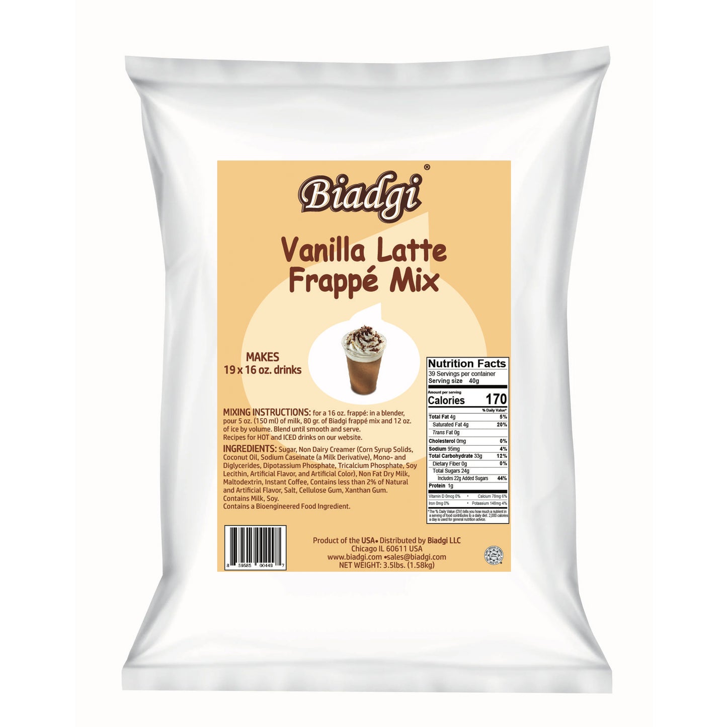 Biadgi - Vanilla Latte Frappe Mix - 1 Pack of 3.5lbs (1.58k)