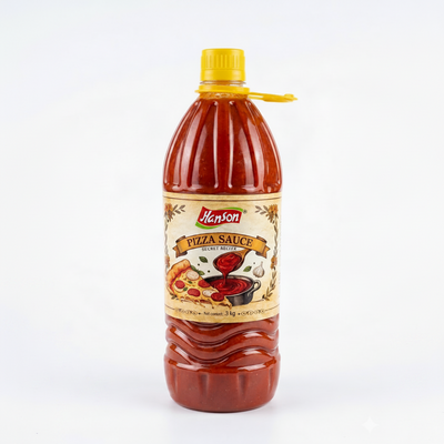 Bottle of Hanson pizza sauce on a white background