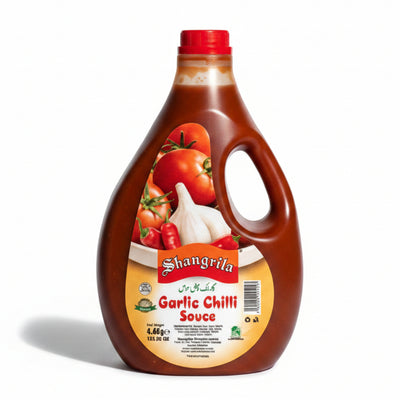 Bottle of Shangrilla Garlic Chili Sauce on a white background