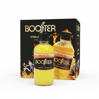 Box of Booster stimulant drink with a bottle illustration on a black background