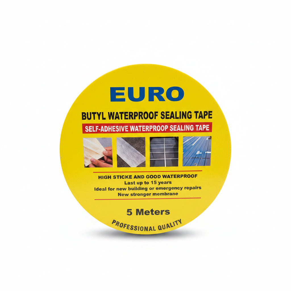 A hand holding a round yellow roll of EURO brand butyl waterproof sealing tape, with the product label clearly visible against a blurred background.