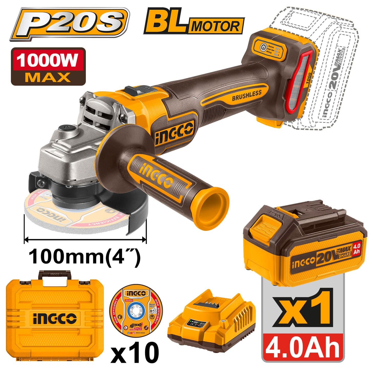 INGCO -  Cordless angle grinder 20v CAGLI271031