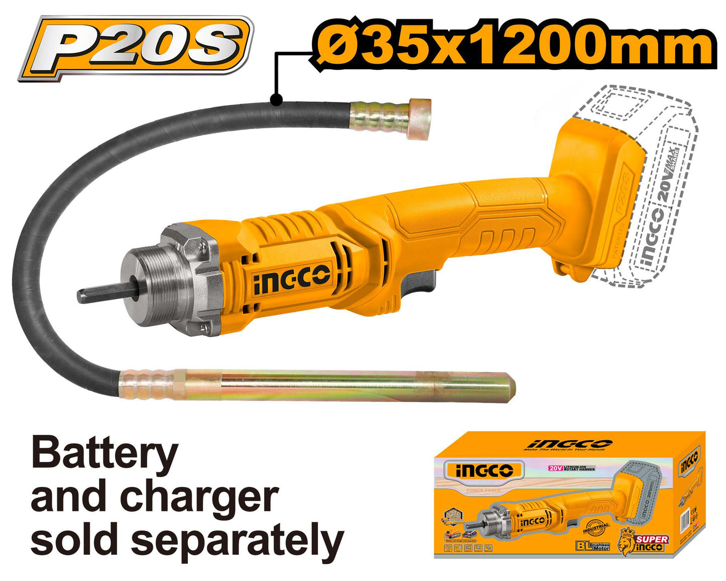 INGCO -  Cordless concrete vibrator 20v CCVLI202301