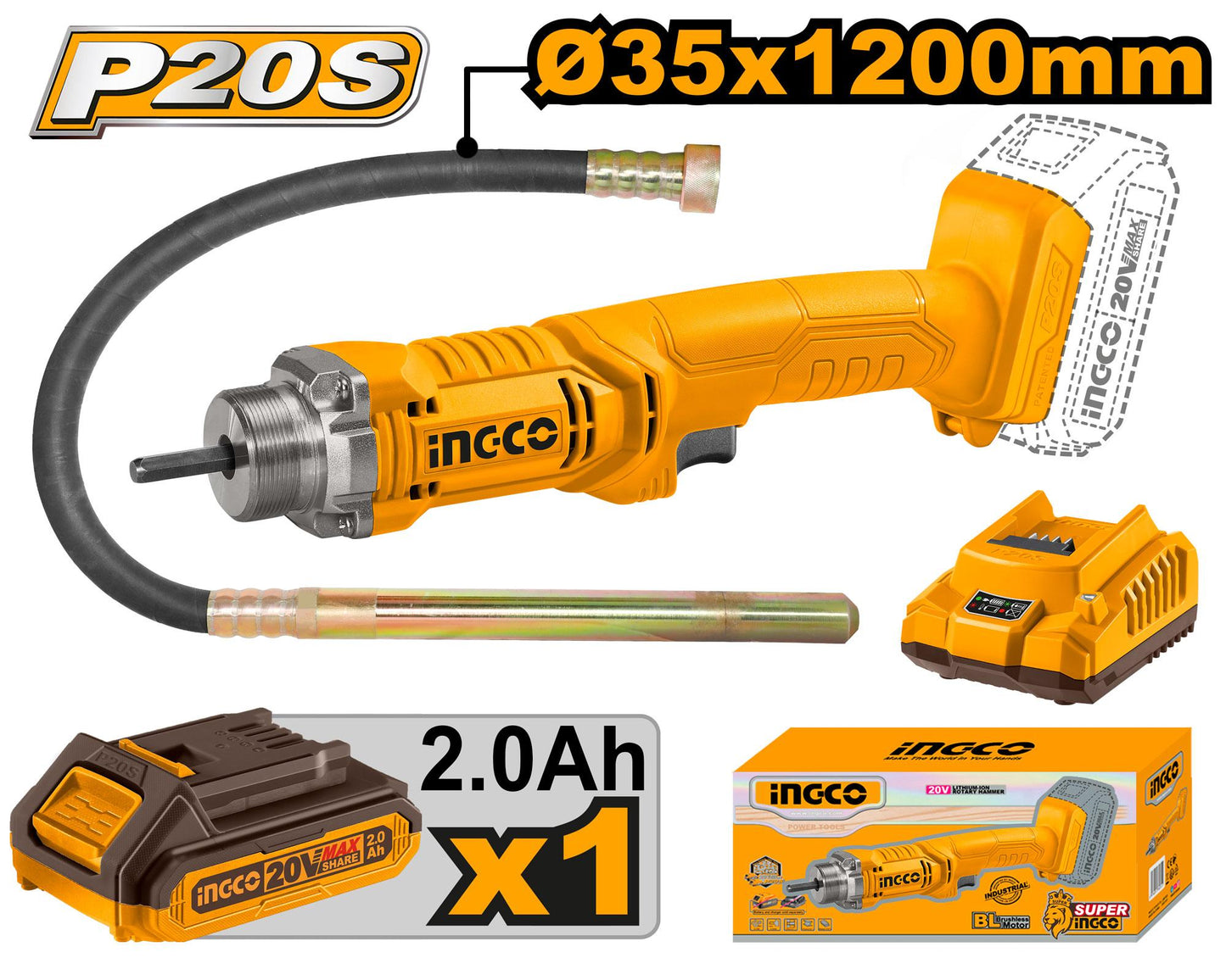 INGCO -  Cordless concrete vibrator 20v CCVLI2023011