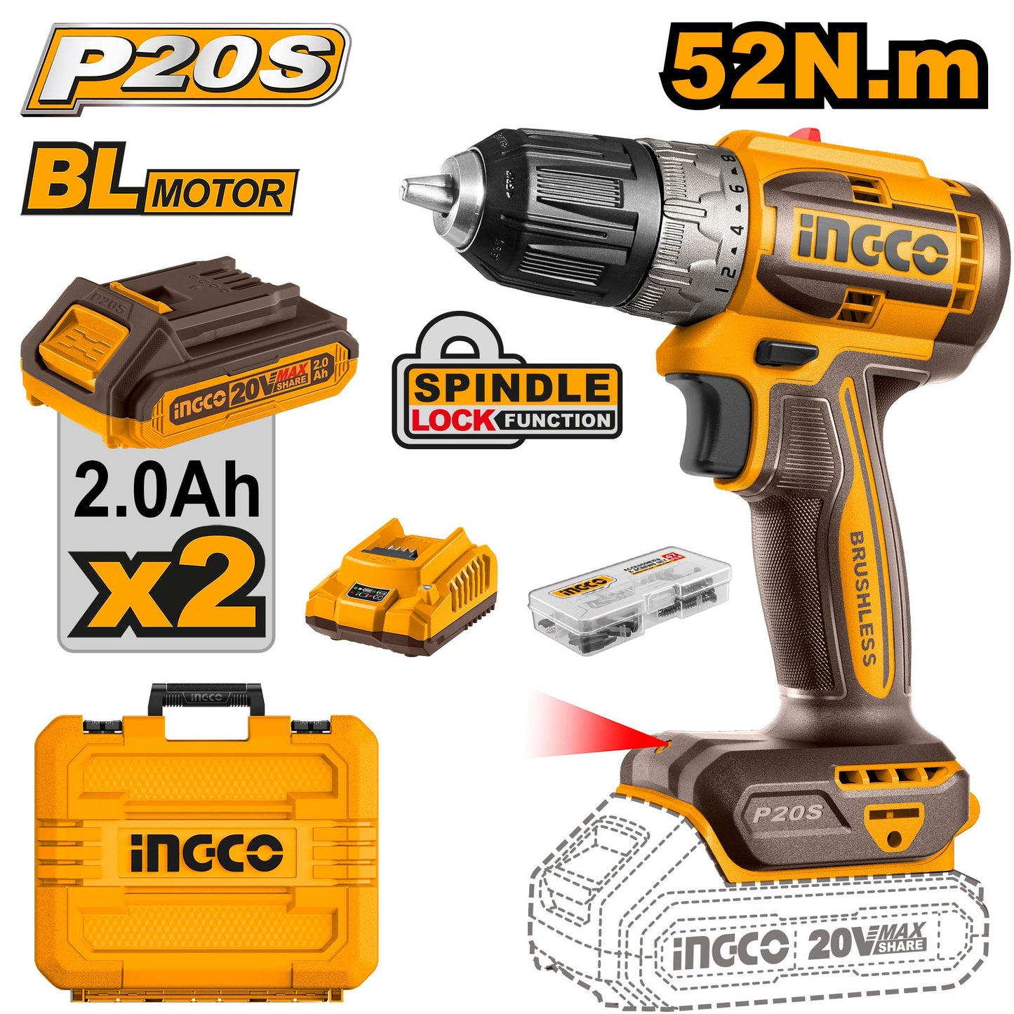 INGCO -  Brushless cordless drill 20v CDLI20453