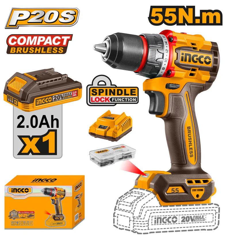 INGCO -  Compact Brushless Cordless Drill  20v CDLI205582