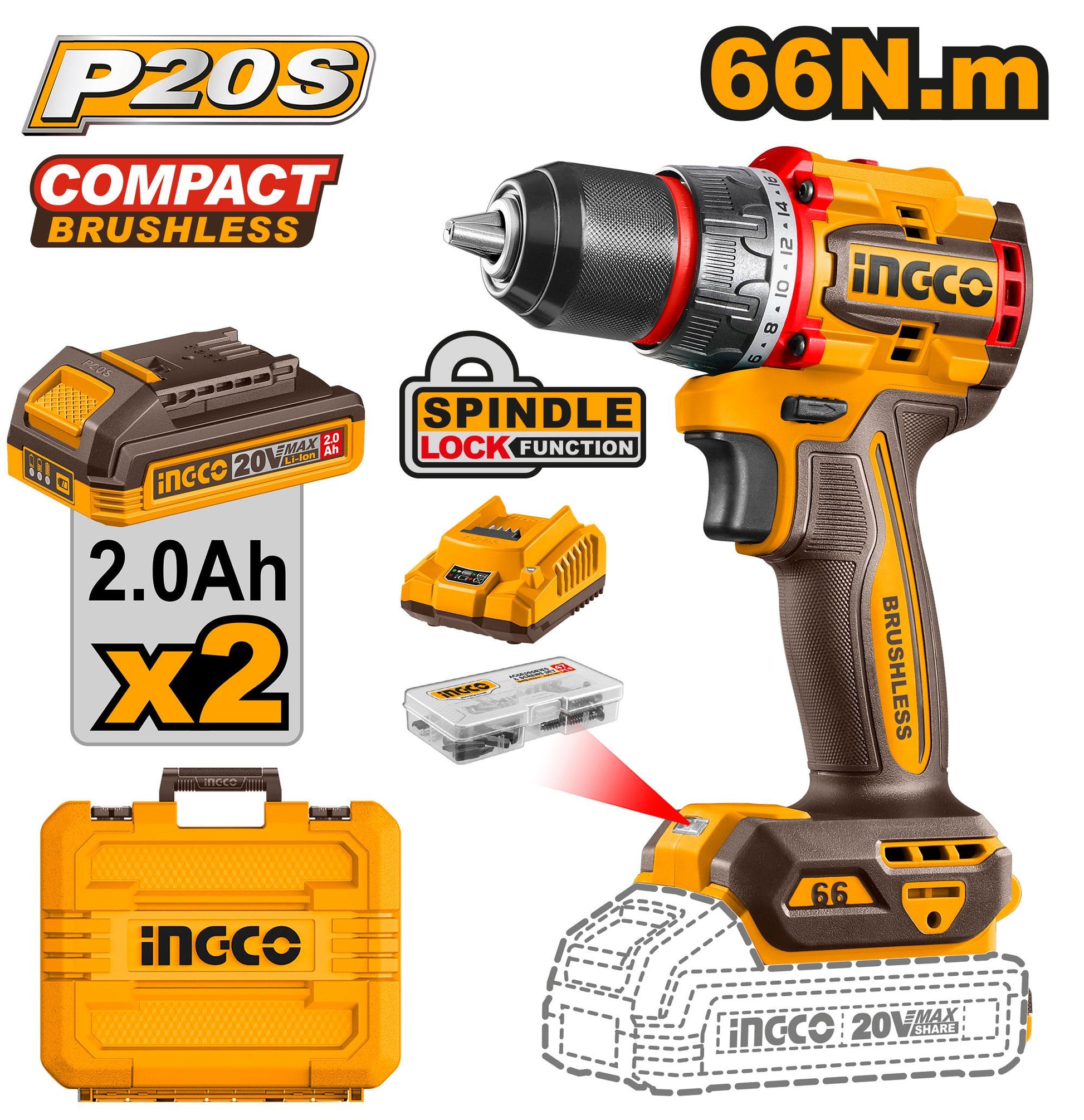 INGCO -  Compact Brushless Cordless Drill 20v CDLI20668