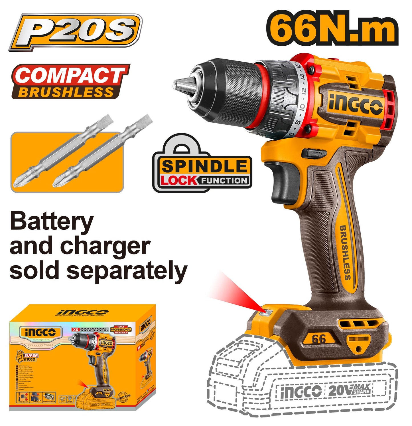 INGCO -  Compact Brushless Cordless Drill 20v CDLI206681