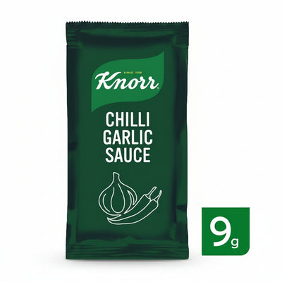 A single packet of Knorr Chilli Garlic Sauce in a dark green package with white text and illustrations of a garlic bulb and chili pepper. A small green square badge at the bottom right reads '9g'.