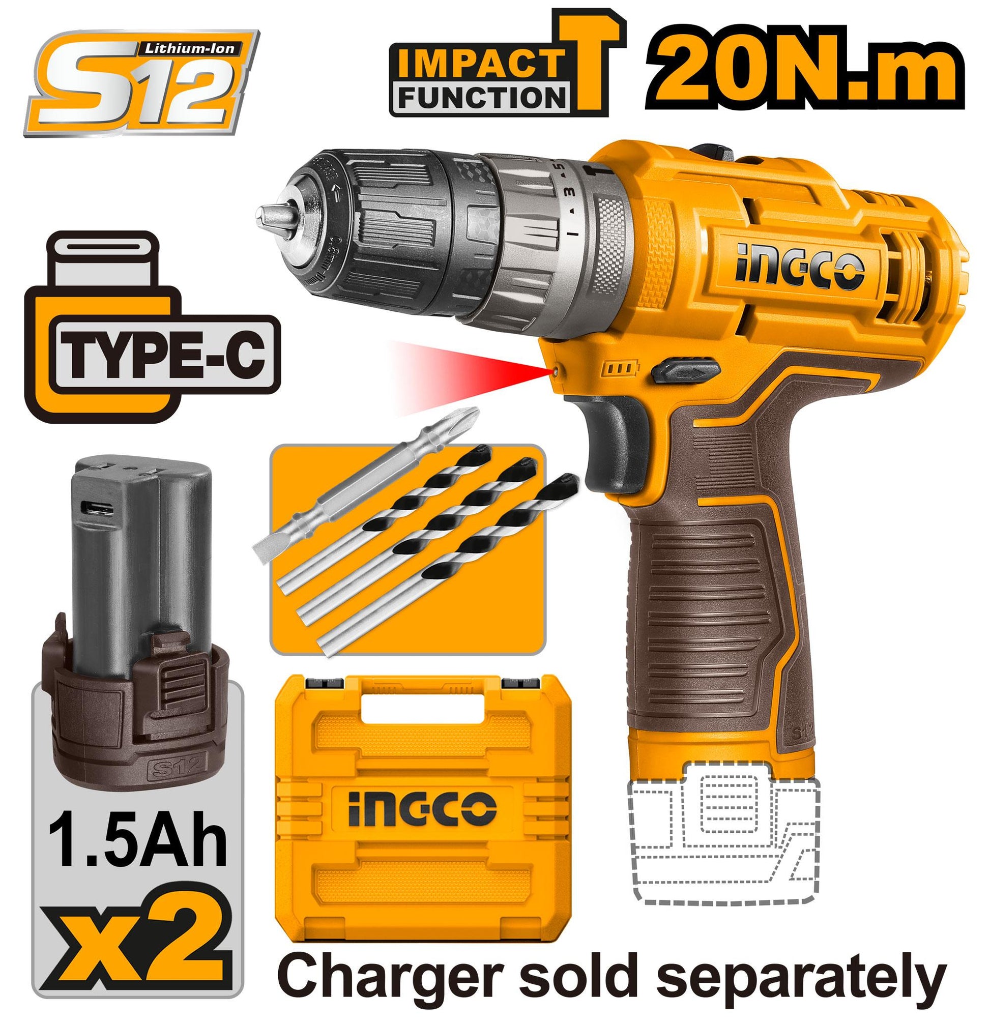 INGCO -  Cordless impact drill 12v CIDLI12202