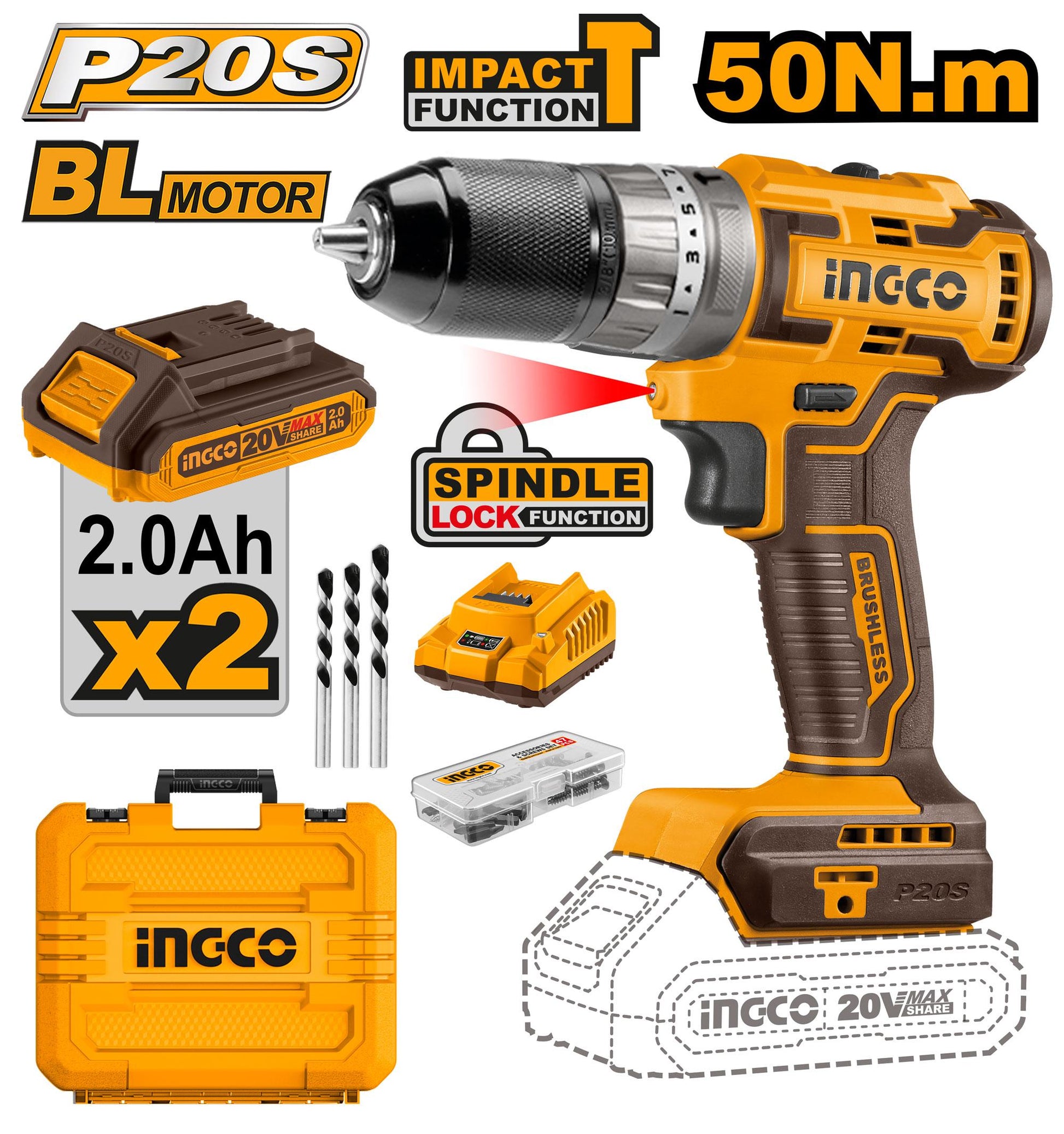 INGCO -  Brushless cordless impact drill 20v CIDLI20508