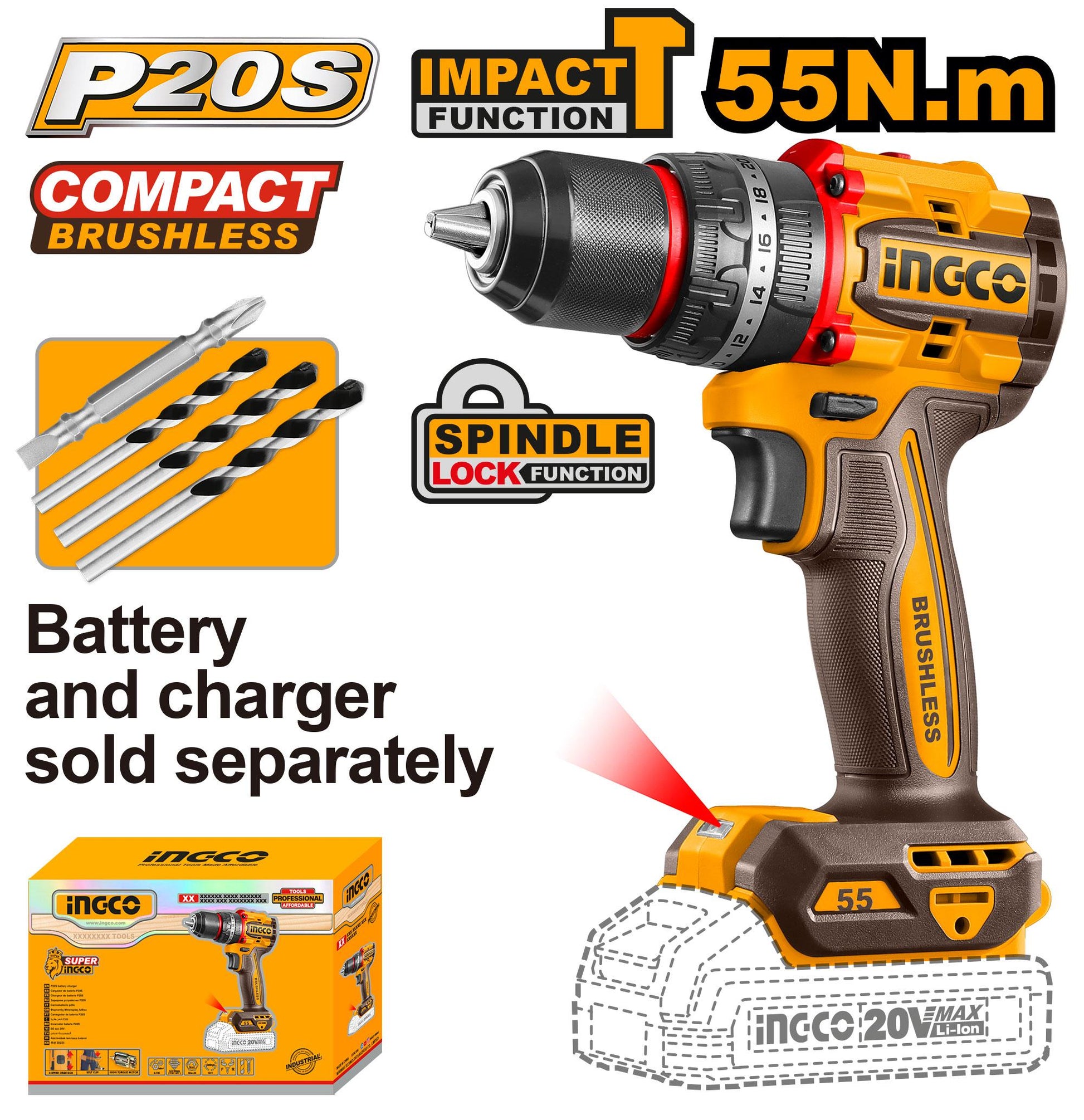 INGCO -  Compact Brushless Cordless Impact Drill 20v CIDLI205581