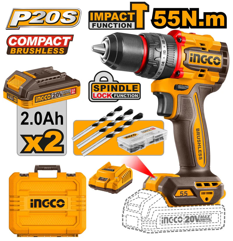 INGCO -  Compact Brushless Cordless Impact Drill 20v CIDLI20558