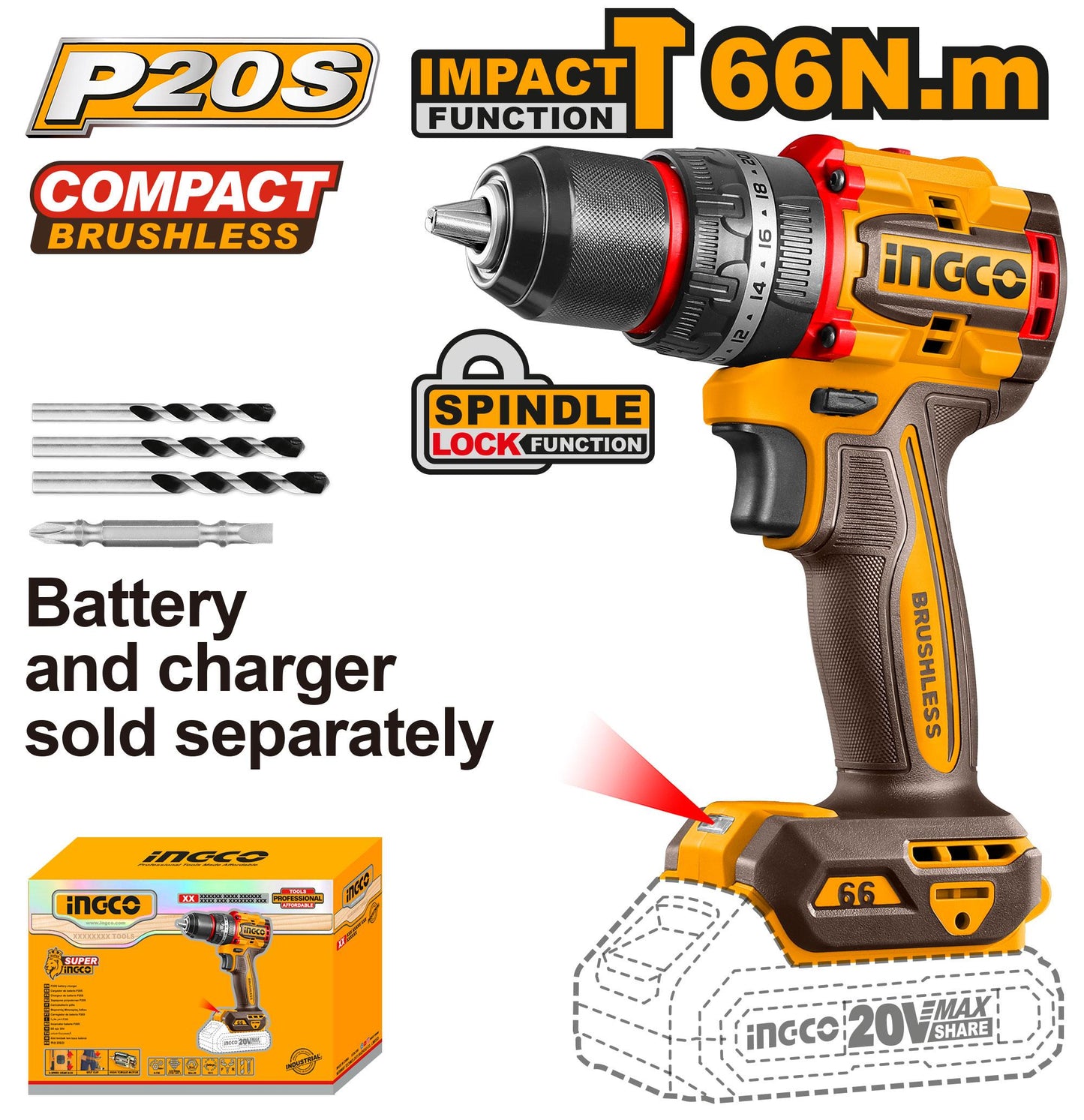 INGCO -  Compact Brushless Cordless Impact Drill 20v CIDLI206681
