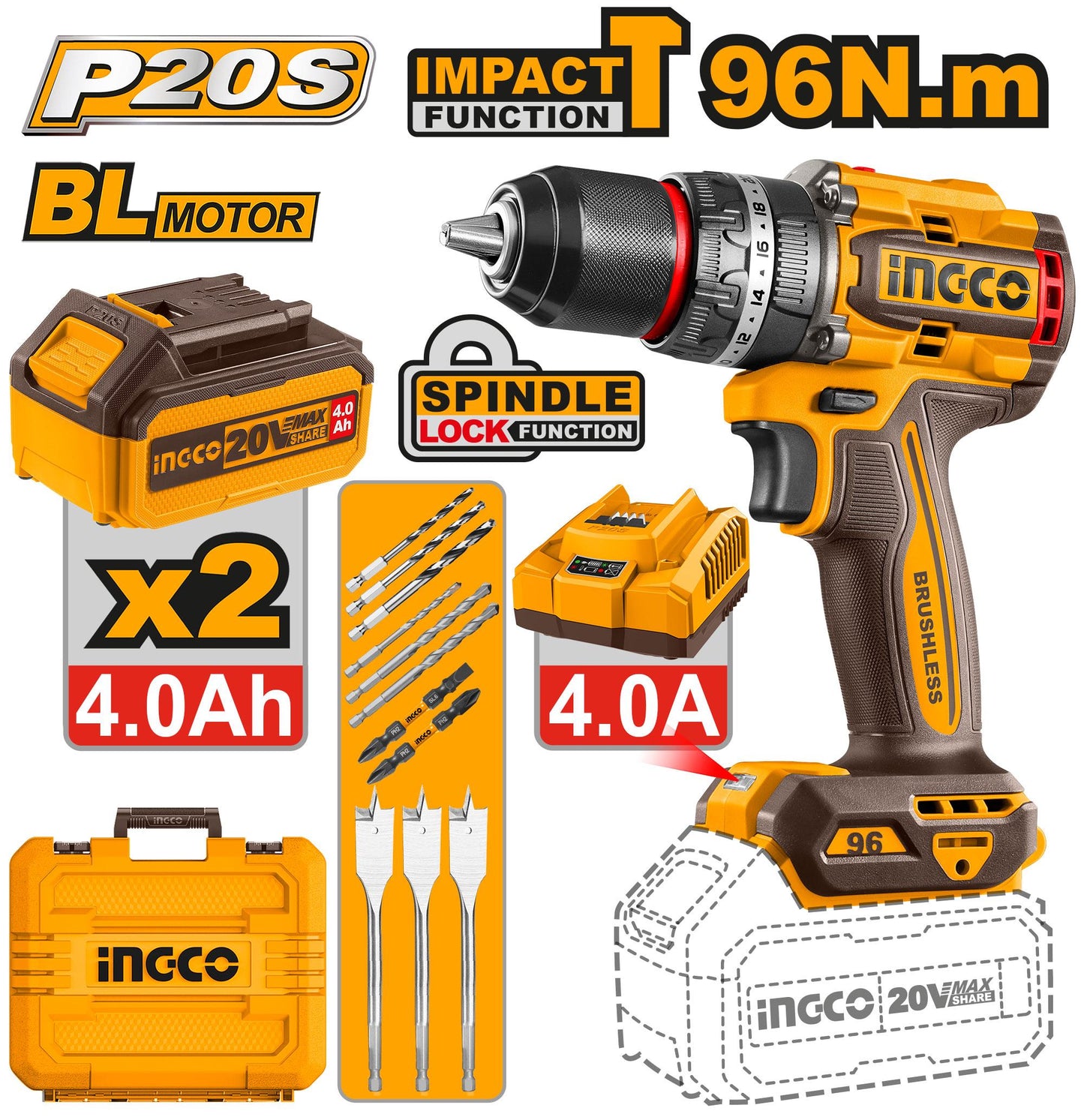 INGCO -  Brushless cordless impact drill 20v CIDLI20968