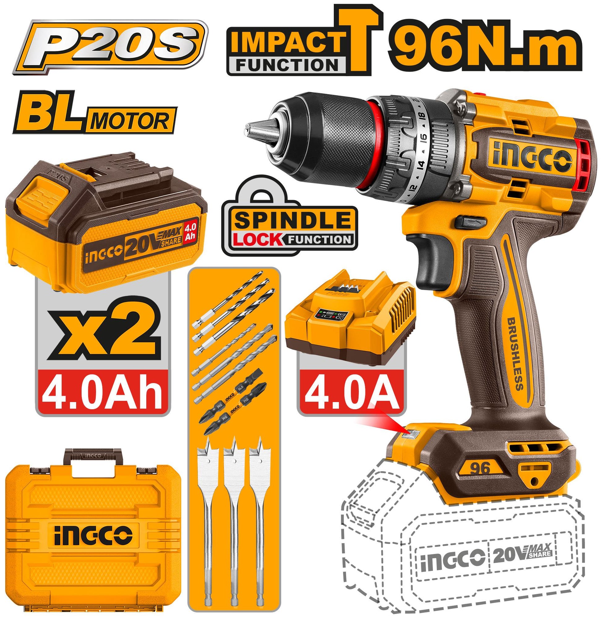 INGCO -  Brushless cordless impact drill 20v CIDLI20968