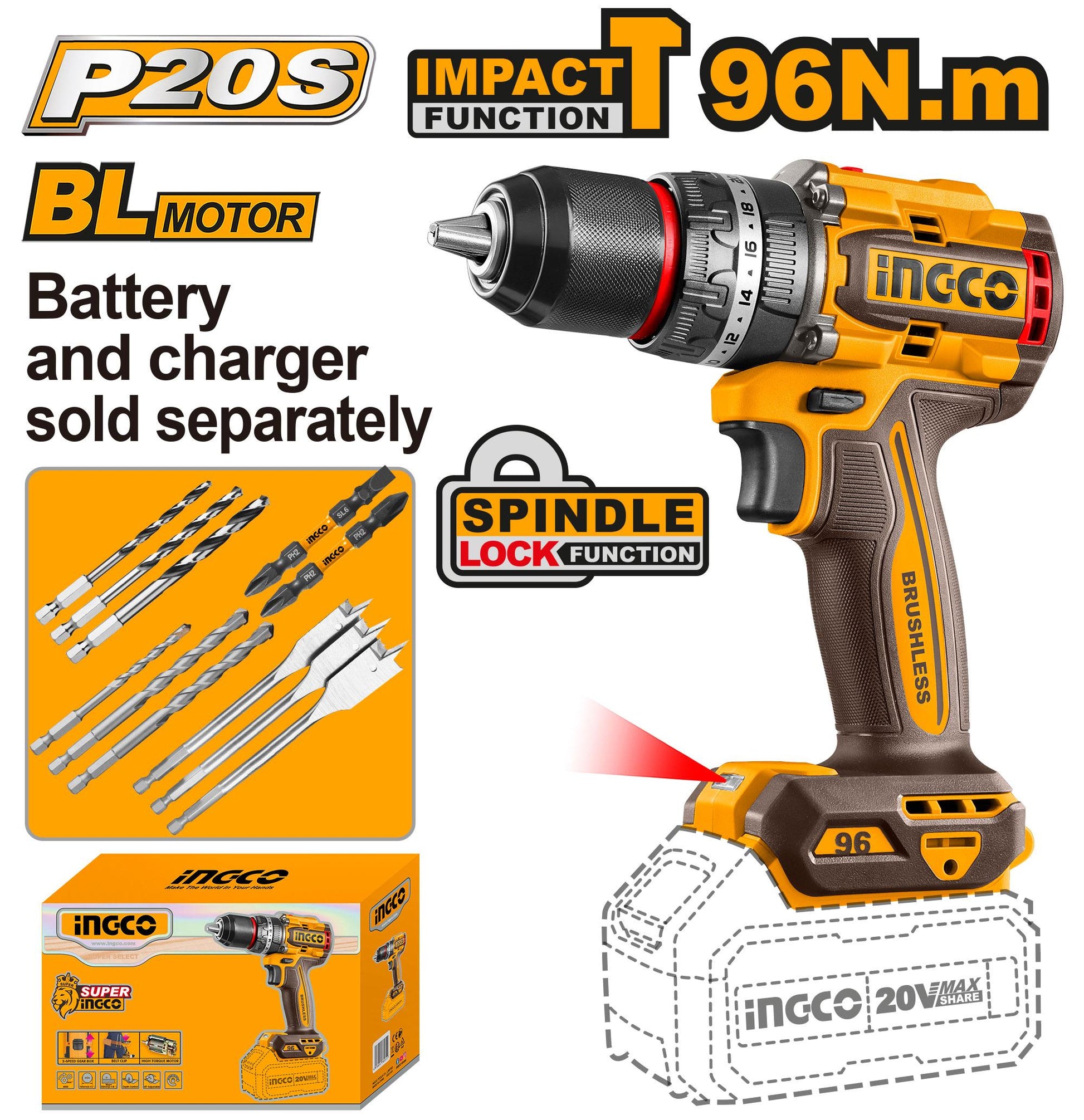 INGCO -  Brushless cordless impact drill 20v CIDLI209681