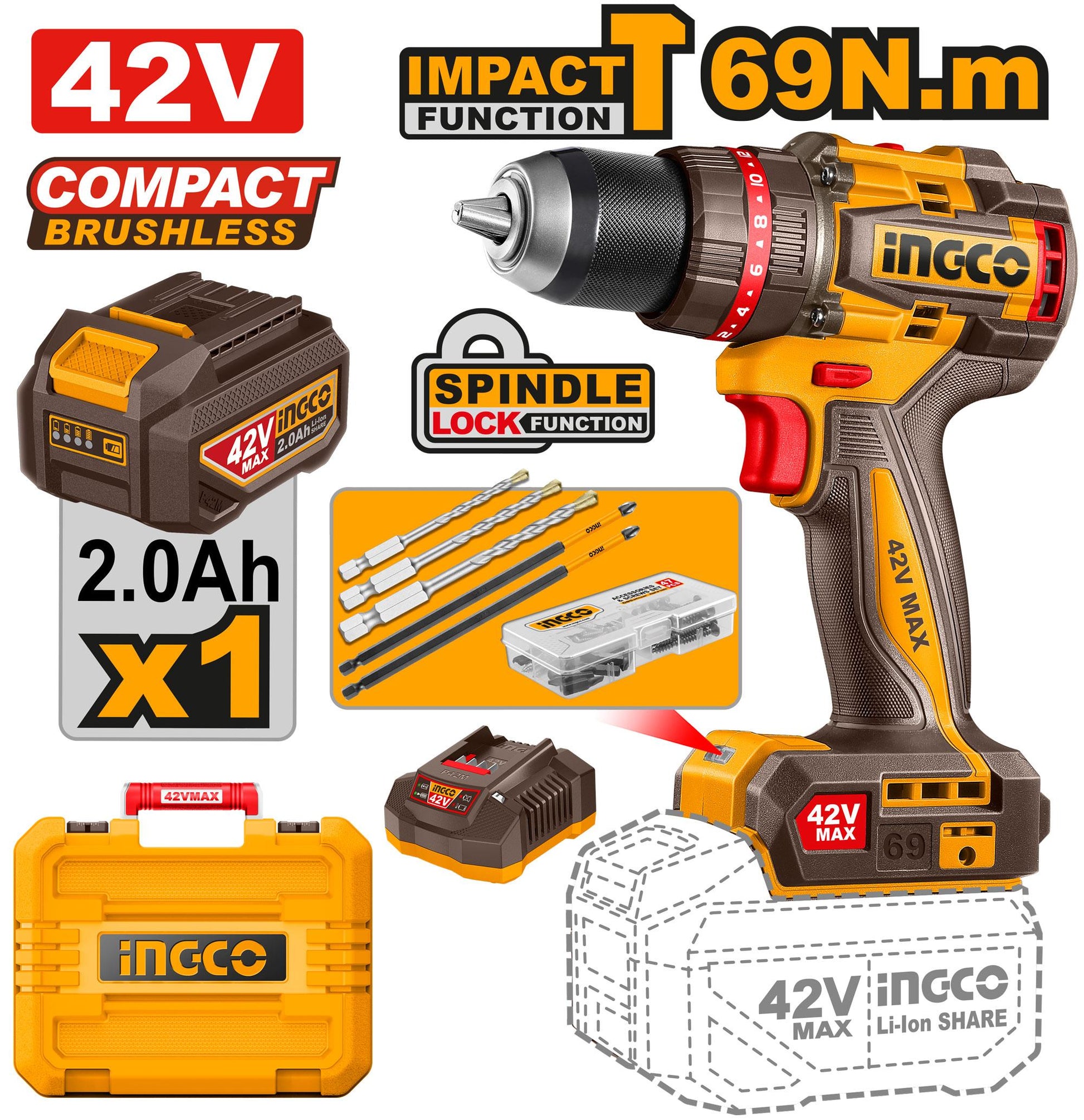 INGCO -  Compact Brushless Cordless Impact Drill 42V CIDLI426981