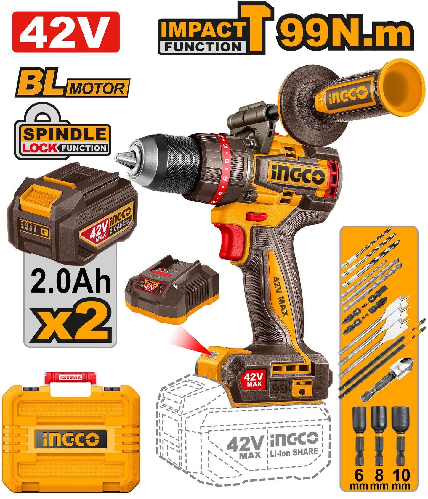 INGCO -  Brushless cordless impact drill 42V CIDLI429982