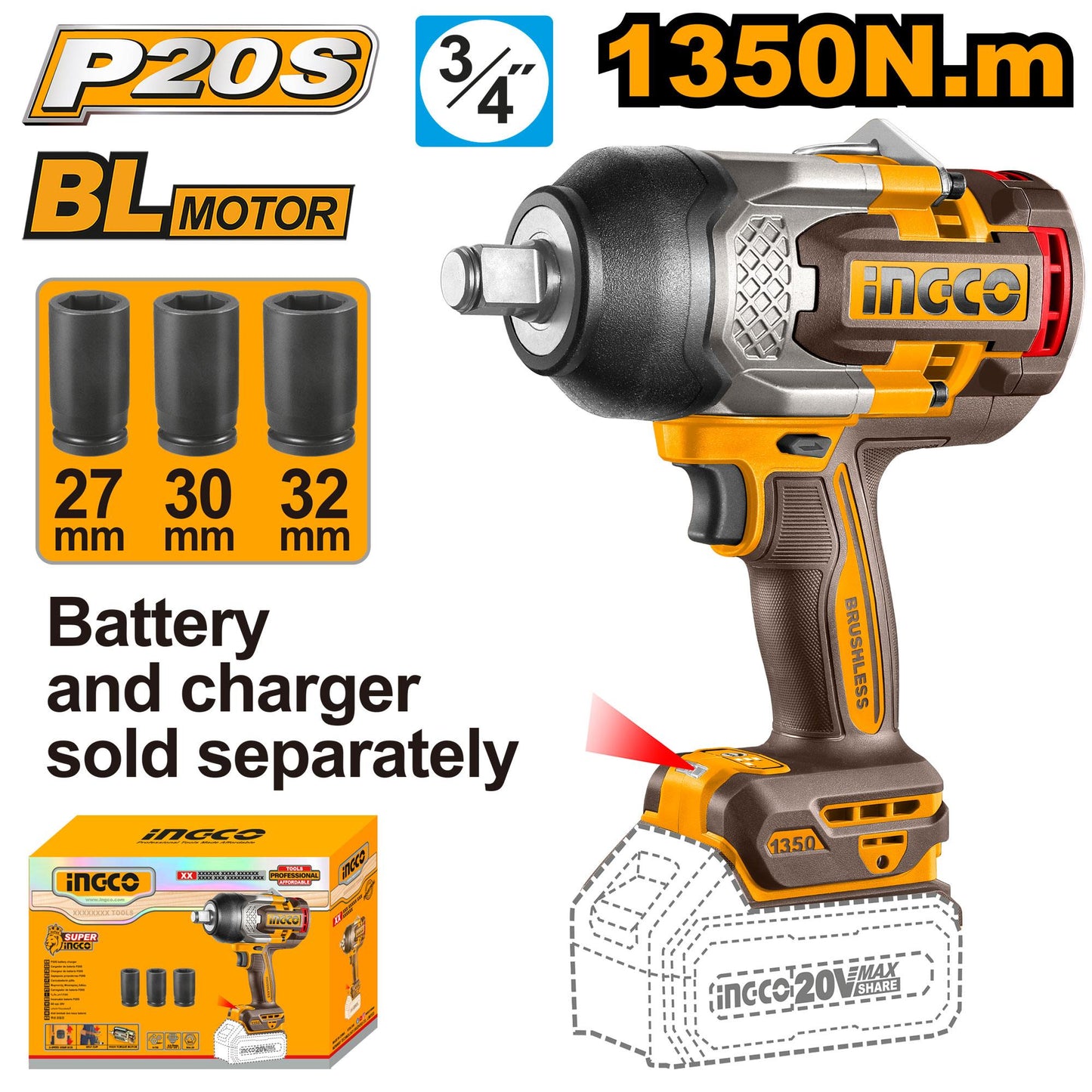 INGCO -  Cordless impact wrench 20v CIWLI201351