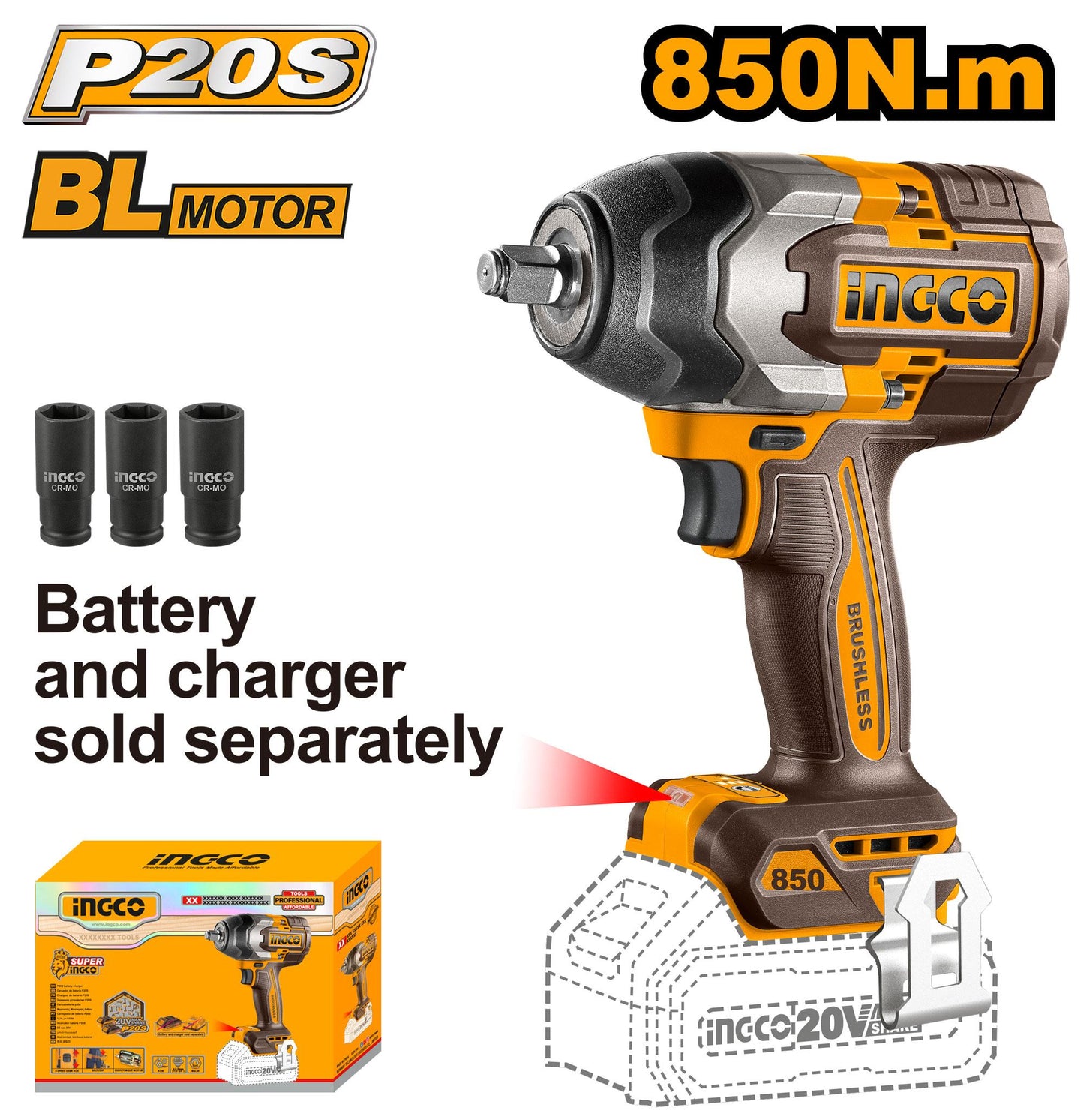INGCO -  Cordless impact wrench 20v CIWLI20851
