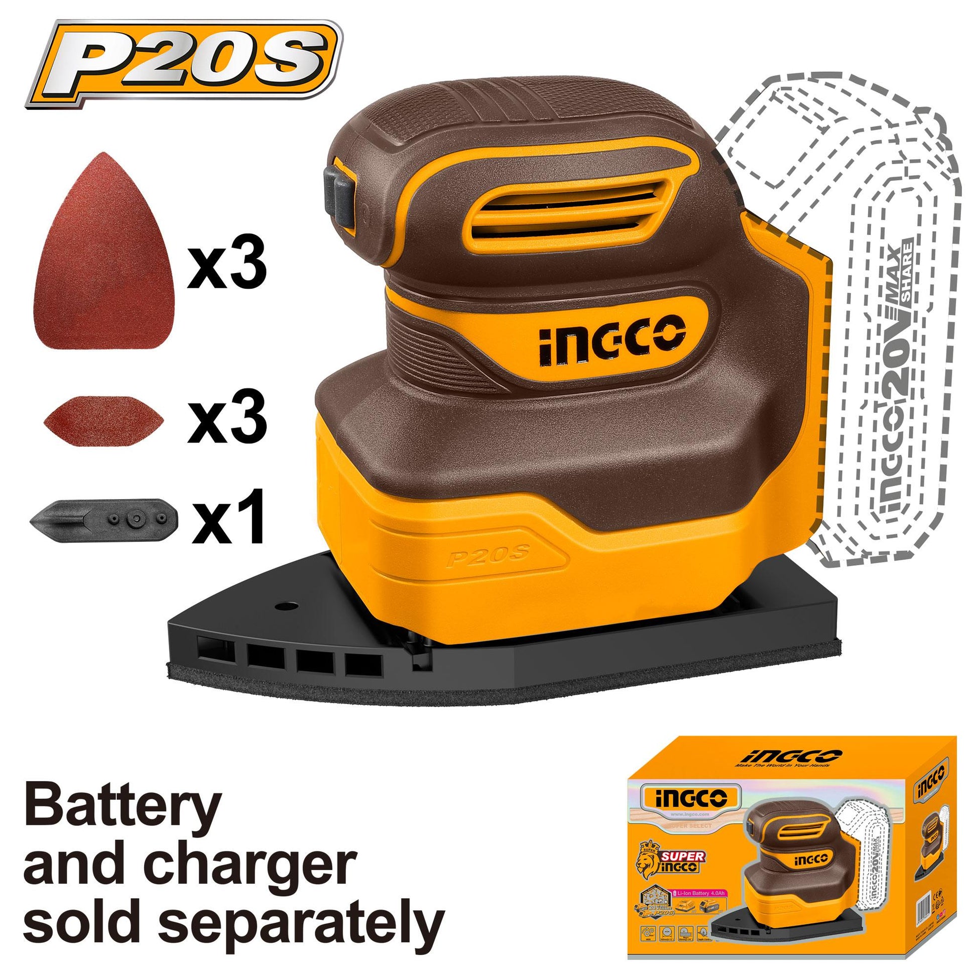 INGCO -  Cordless palm sander 20v CPSLI2014