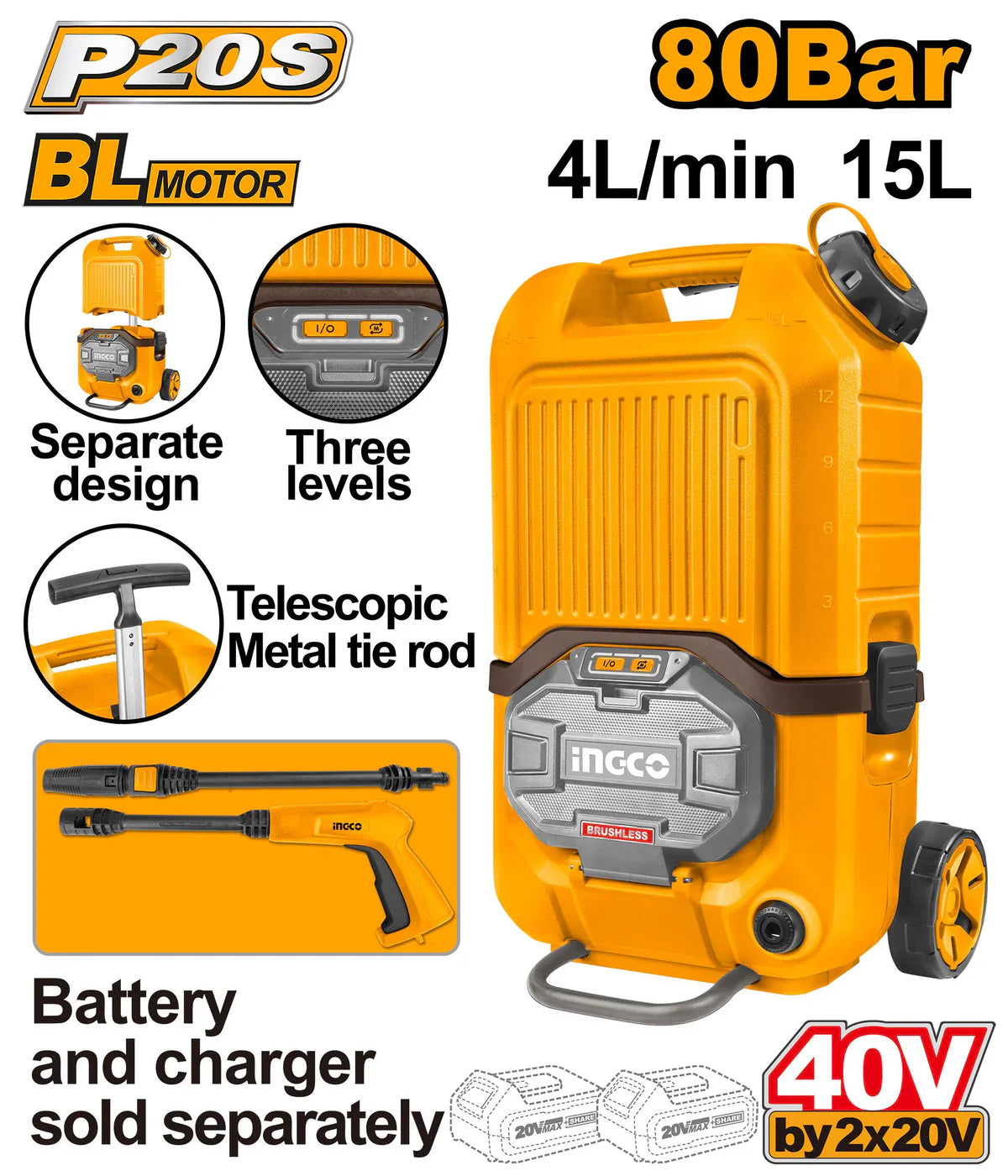 INGCO -  Cordless pressure washer 20v CPWLI4006