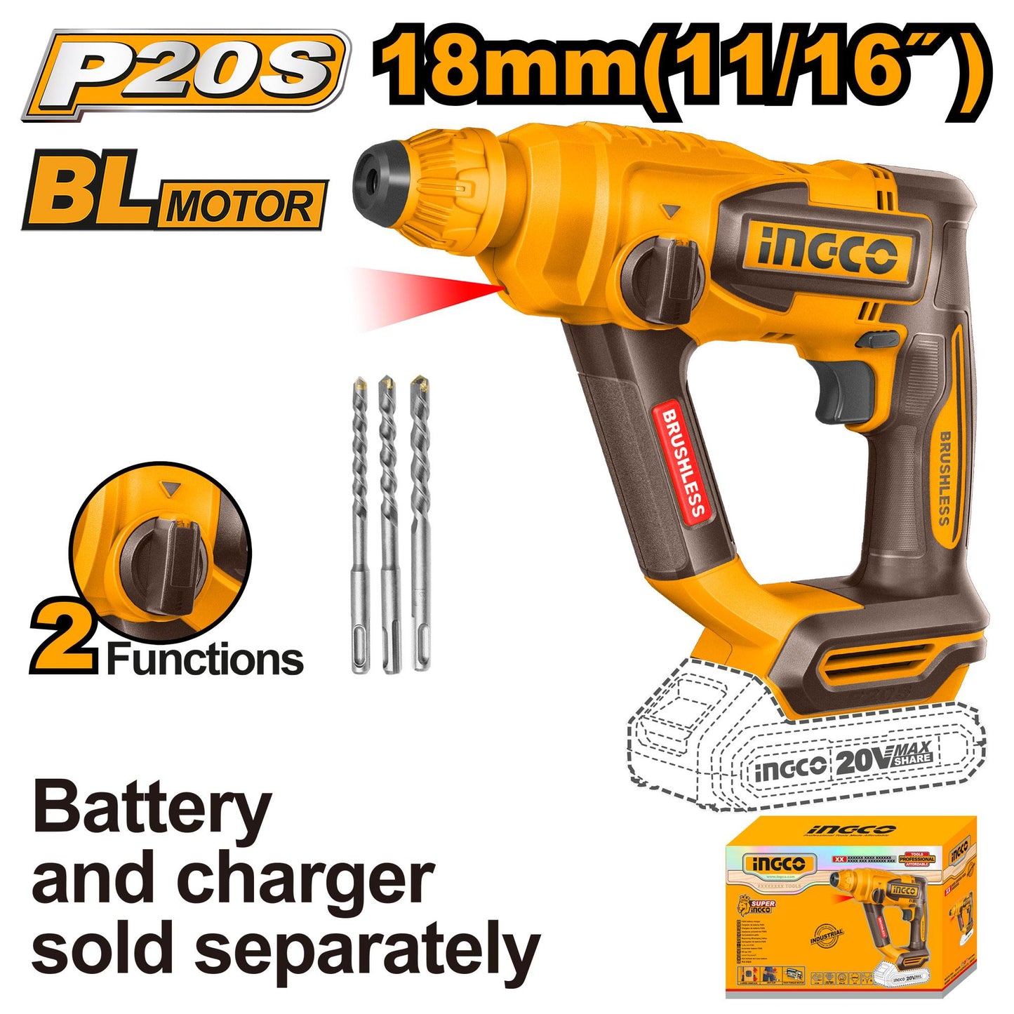 INGCO -  Cordless rotary hammer 20v CRHLI20188