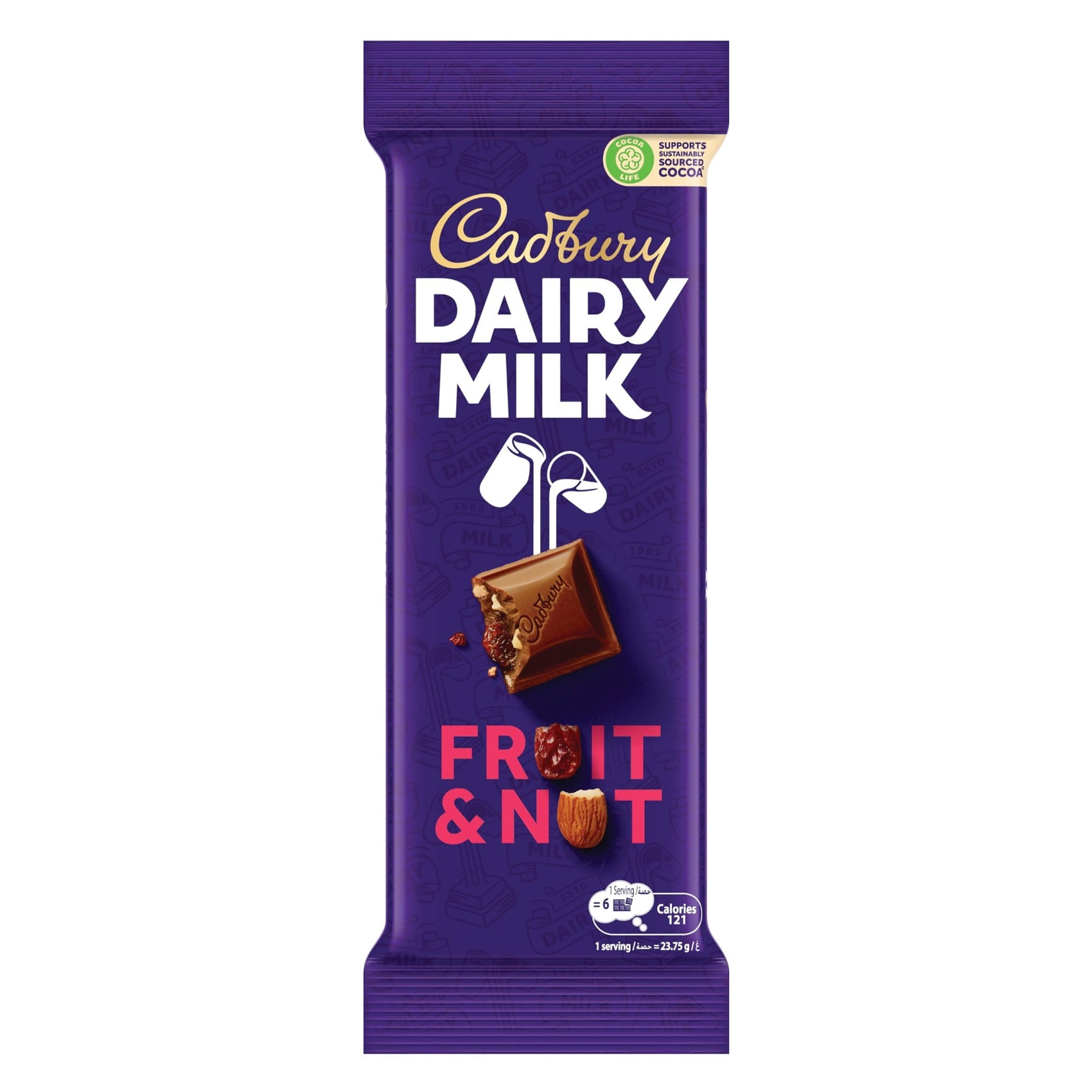 Cadbury Dairy Milk Fruit & Nut chocolate bar packaging on a white background