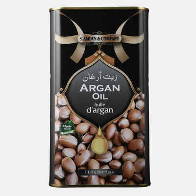 Can of Argan Oil with visible brand name on a dark background