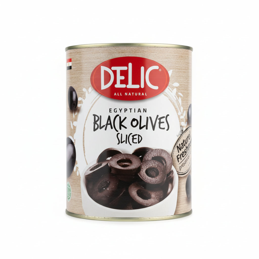 Can of Delic Egyptian Black Olives Sliced on a kitchen counter