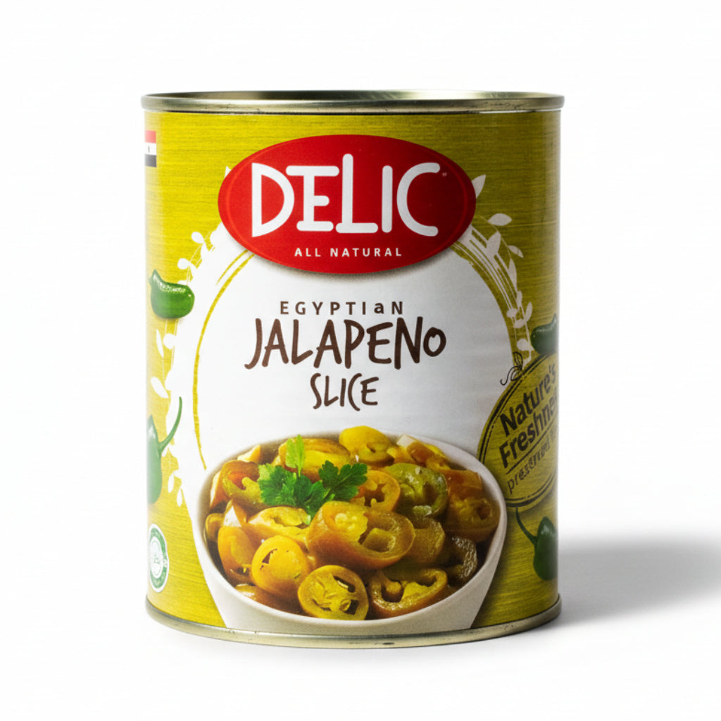 Can of Delic Egyptian Jalapeno Slices on a white surface