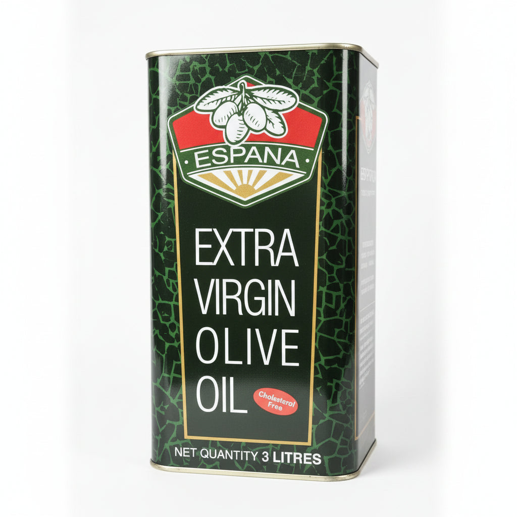Can of Espana Extra Virgin Olive Oil on a shelf with other products.