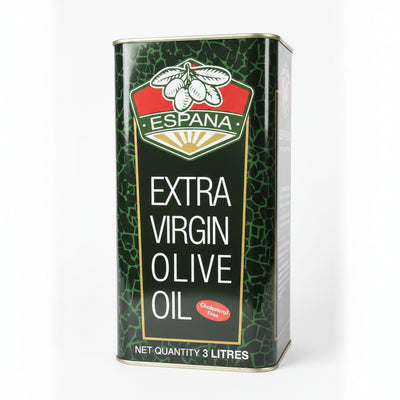 Can of Espana Extra Virgin Olive Oil on a shelf with other products.