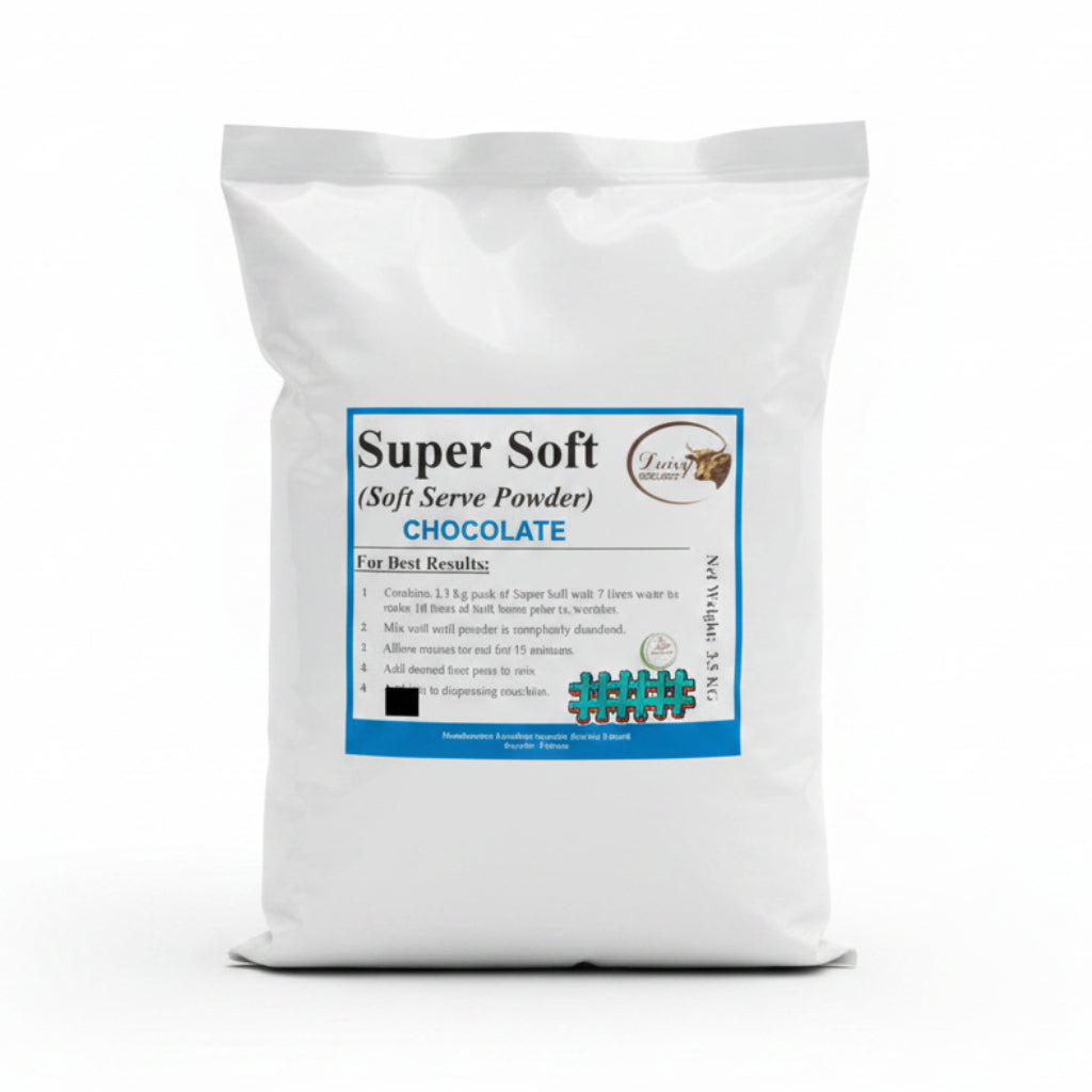 Three packages of Super Soft ice cream powder with labels on a white surface.
