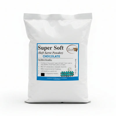 Three packages of Super Soft ice cream powder with labels on a white surface.