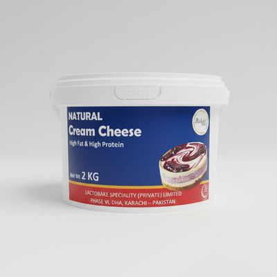 Container of natural cream cheese with a blue label on a gray surface