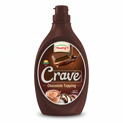 Two bottles of Young's Crave chocolate and strawberry toppings on a white background