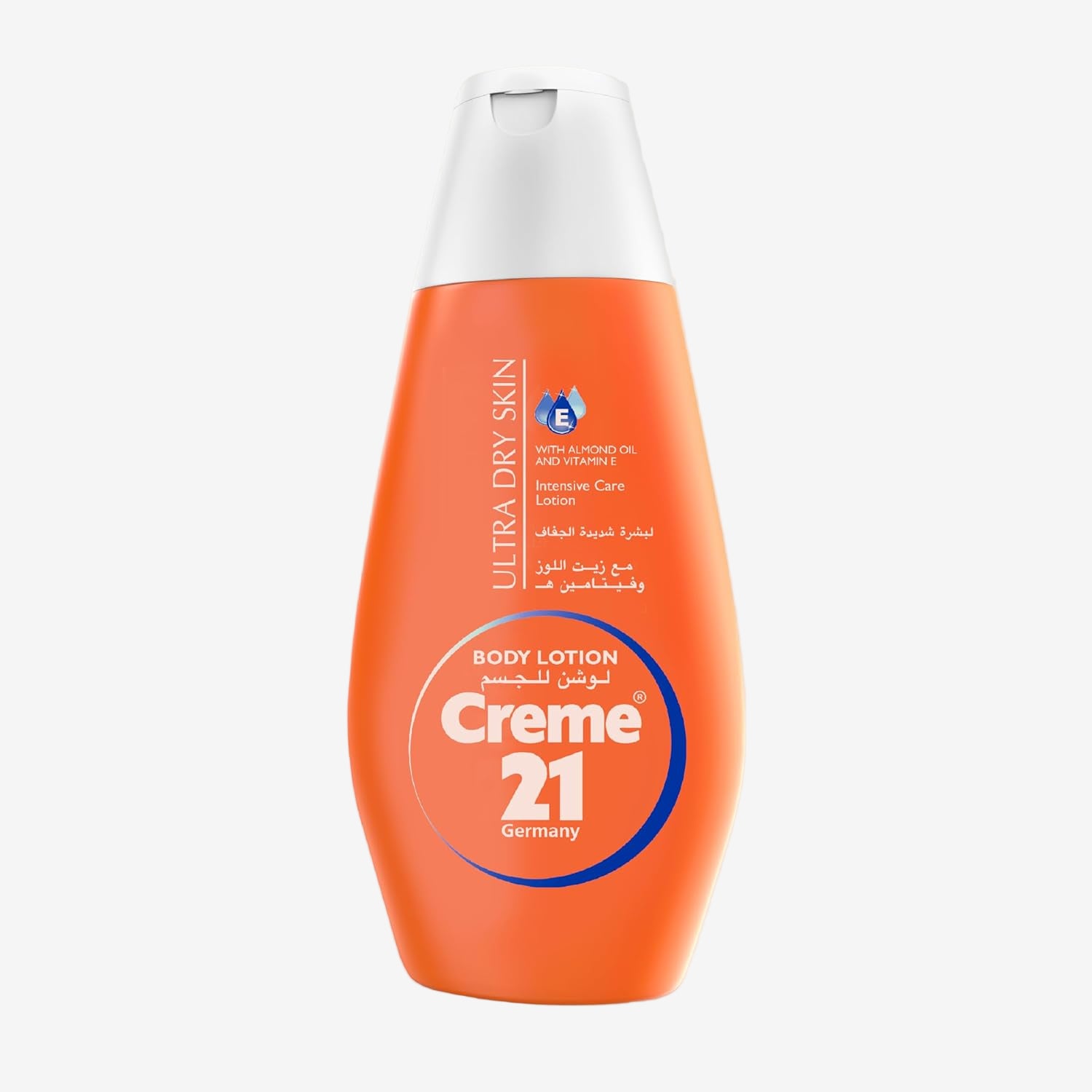Orange bottle of Creme 21 body lotion on a light gray background