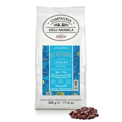 Coffee beans with a white bag featuring a blue label on a white background