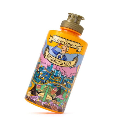 Decorative bottle of Butterscotch Sauce with colorful label on a white background