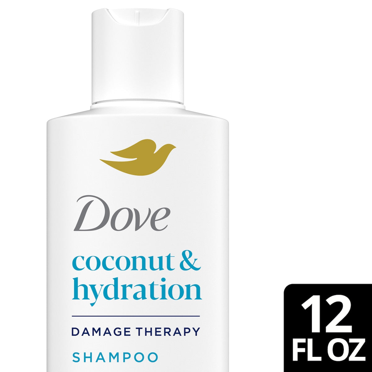 Dove coconut & hydration shampoo bottle on a white background