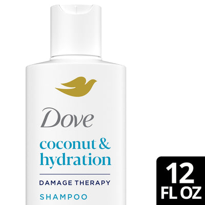 Dove coconut & hydration shampoo bottle on a white background